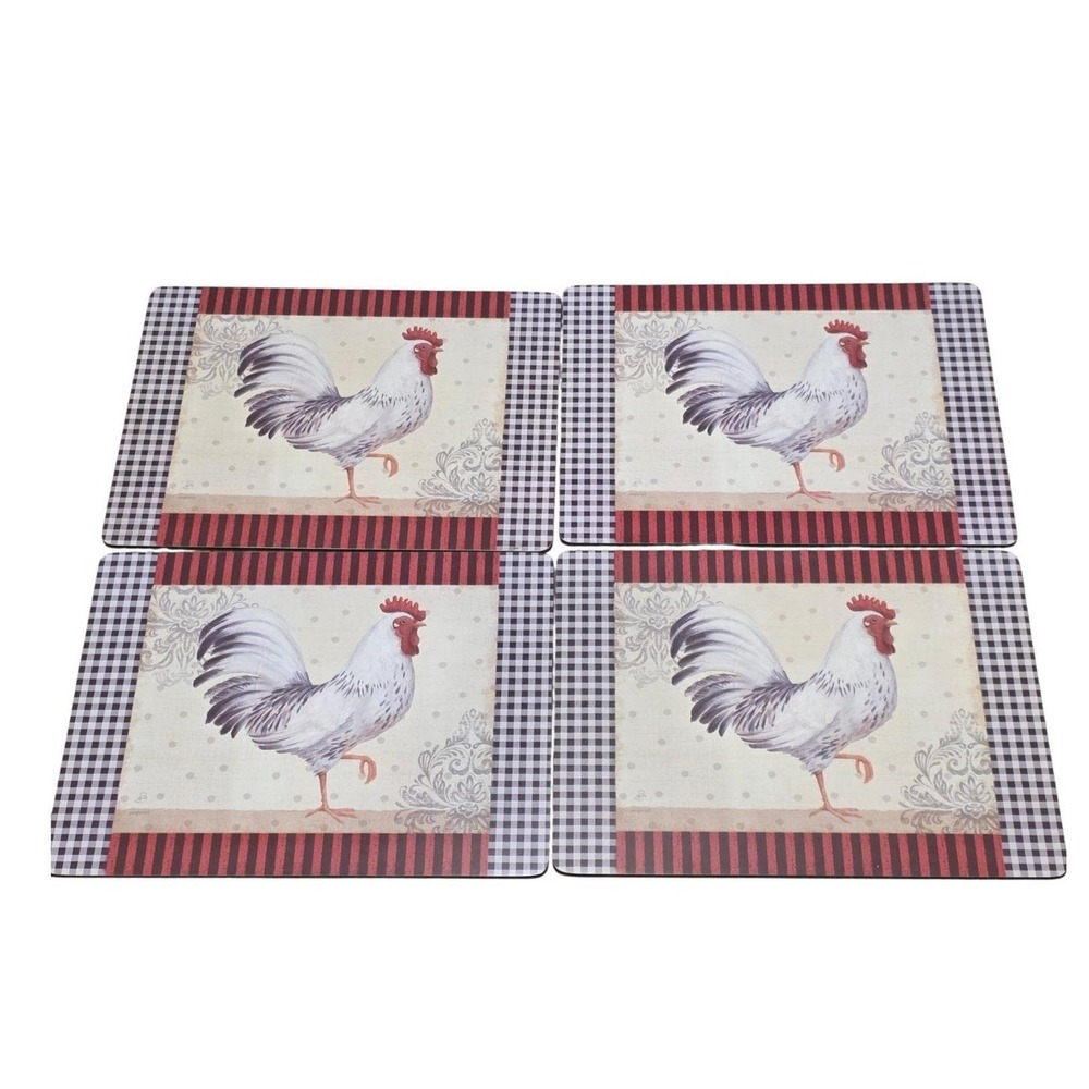 Pimpernel Country Rooster Placemats Set of 4‎ Cork Back Gingham Print Red Black